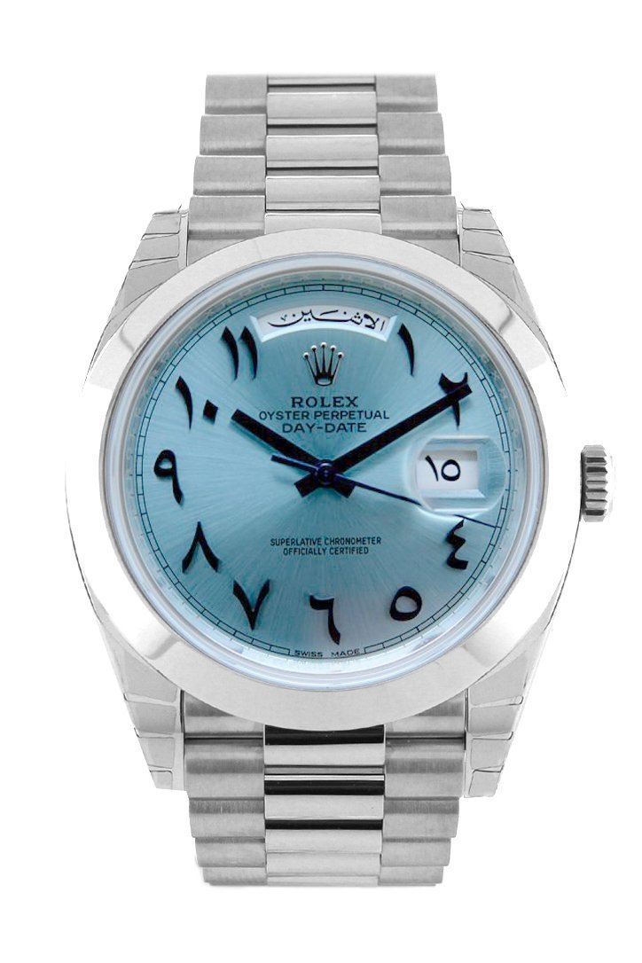 Rolex Day-Date 40 Ice Blue Hindu Arabic Numerals Dial Dome Bezel Platinum President Automatic Mens