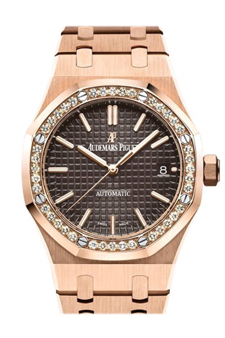 Audemars Piguet Royal Oak 37Mm Brown Dial Automatic 18K Pink Gold Ladies Diamond Watch