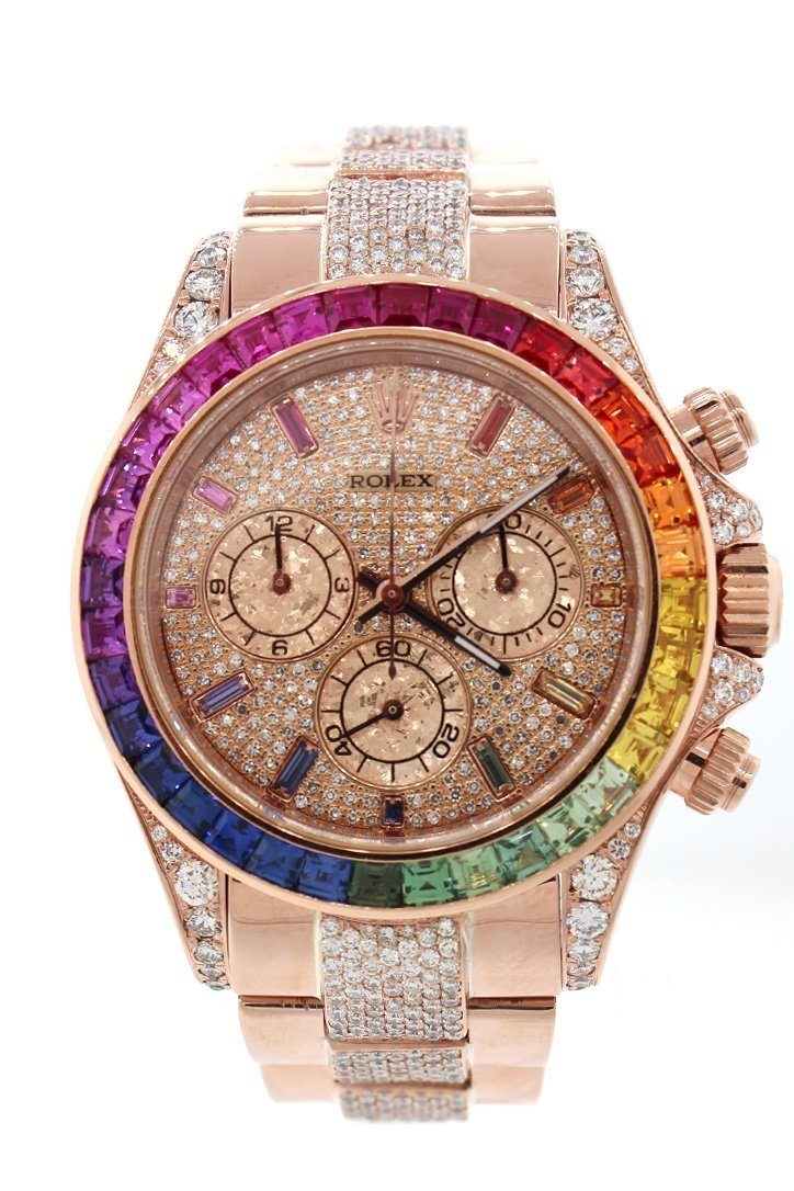 Custom Diamond Rolex Daytona Rainbow baguette Bezel Rose Gold Oyster Men's Watch 116505 – 11:11 NY