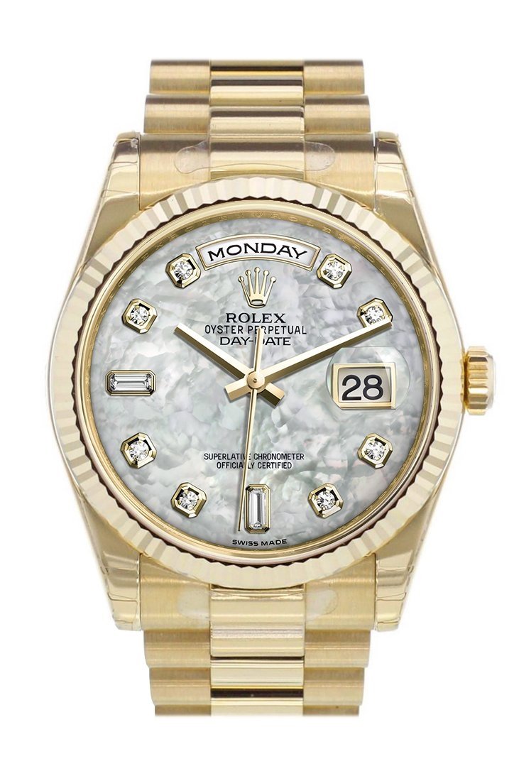 Rolex Day-Date 36 White mother-of-pearl Diamonds Dial Fluted Bezel President Yellow Gold Watch 118238