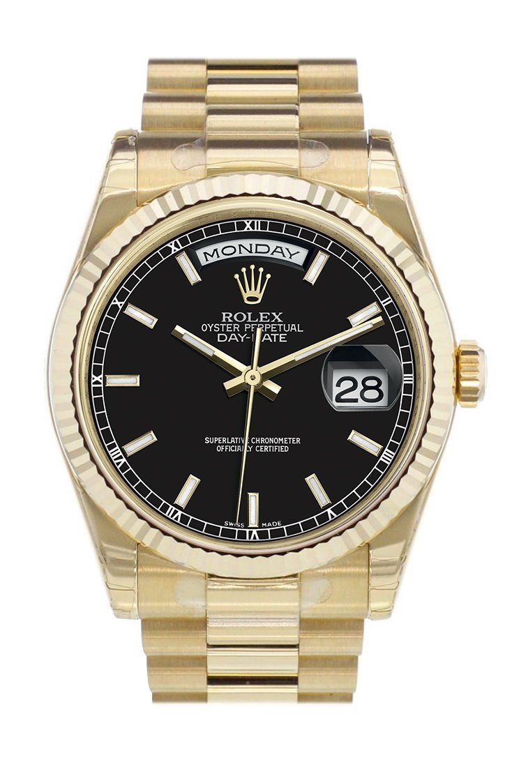 Rolex Day-Date 36 Black Dial Fluted Bezel President Yellow Gold Watch 118238