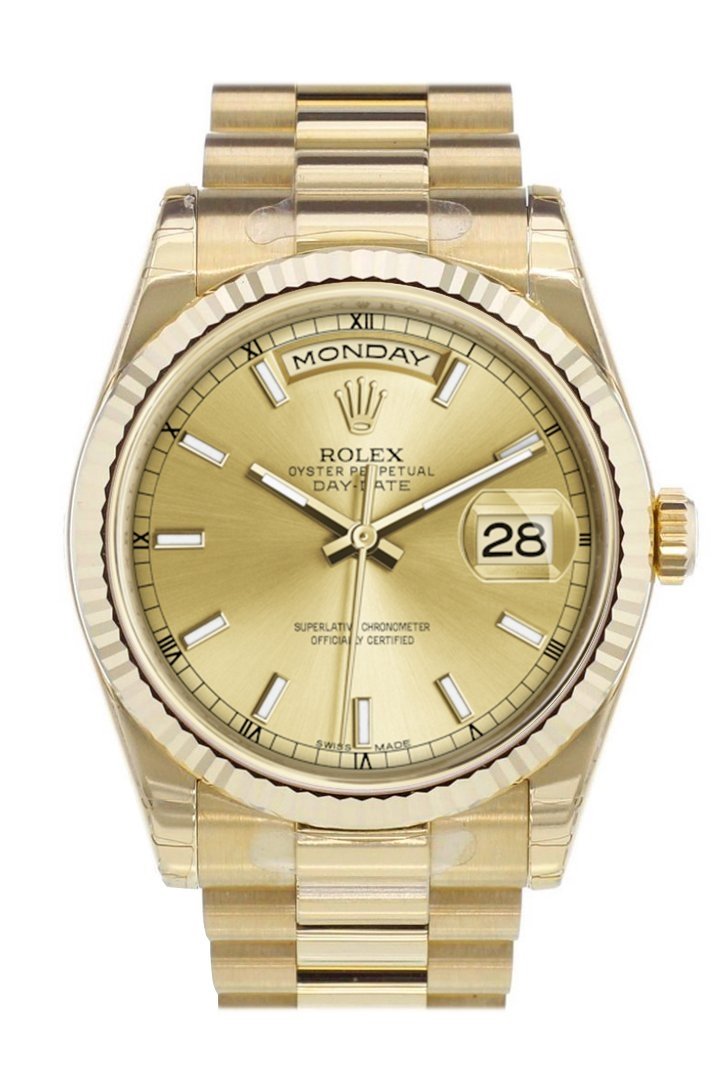 Rolex Day-Date 36 Champagne-colour Dial Fluted Bezel President Yellow Gold Watch 118238
