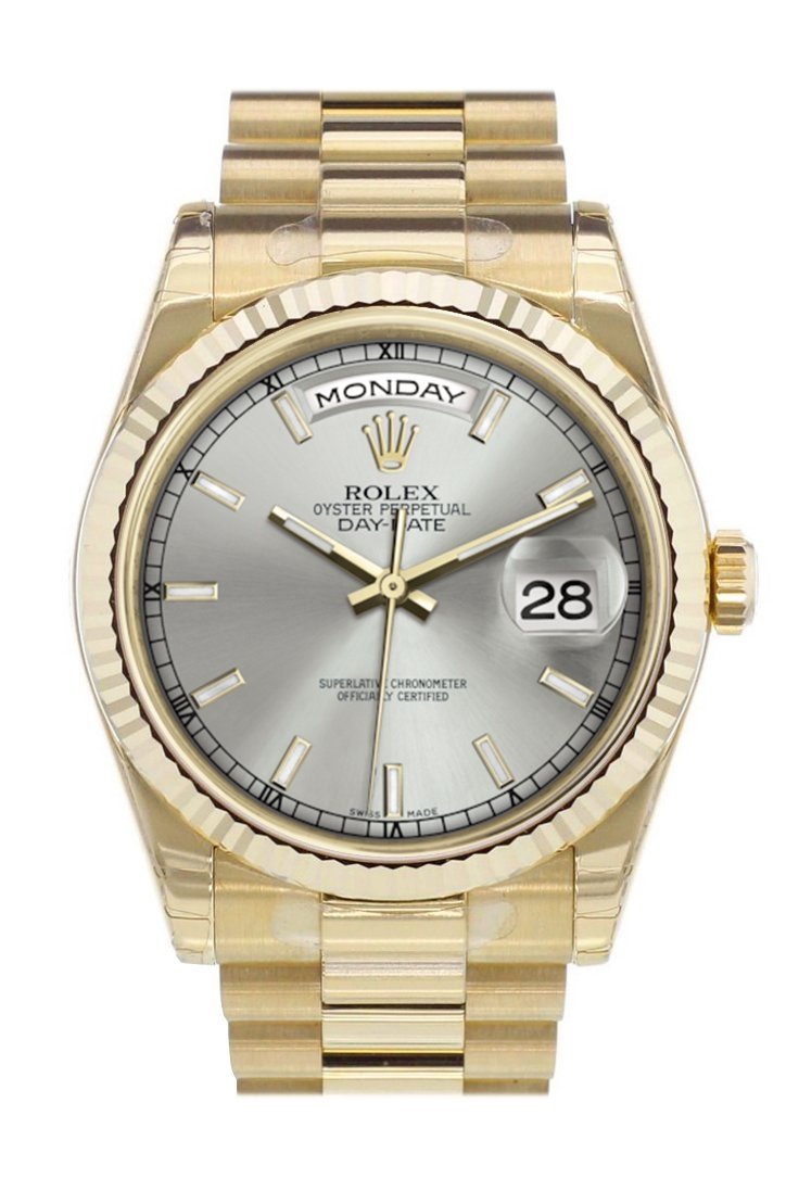 Rolex Day-Date 36 Silver Dial Fluted Bezel President Yellow Gold Watch 118238