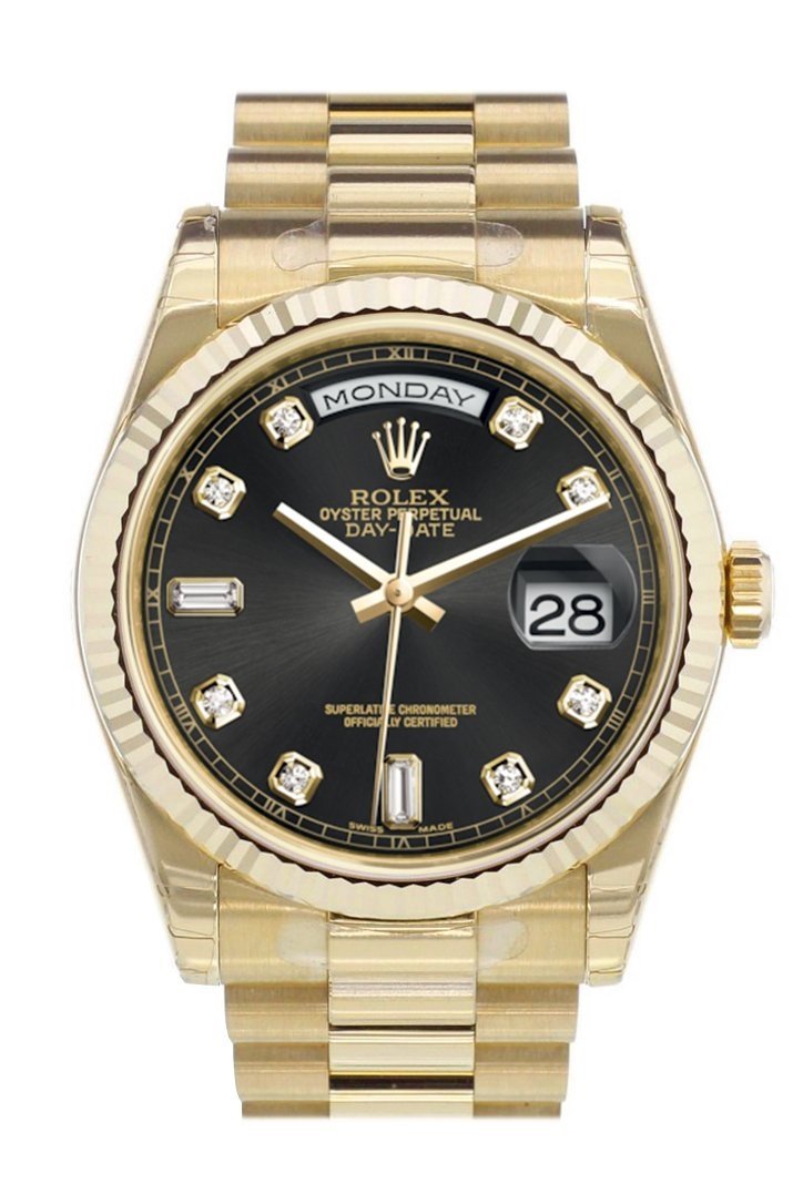 Rolex Day-Date 36 Black set with diamonds Dial Fluted Bezel President Yellow Gold Watch 118238