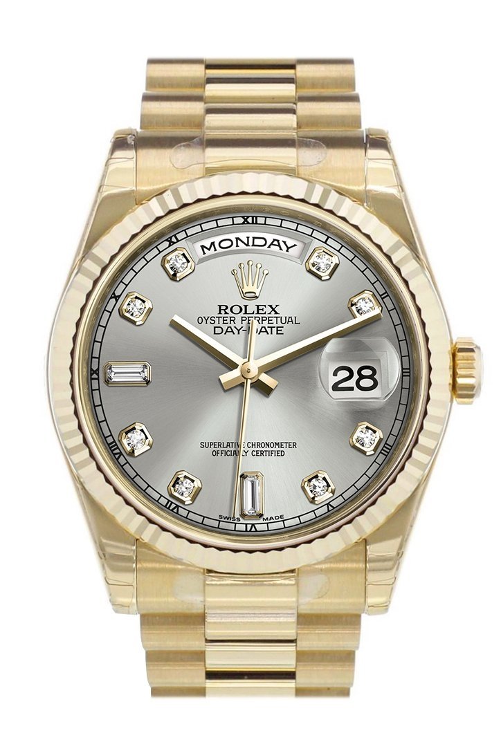 Rolex Day-Date 36 Silver set with diamonds Dial Fluted Bezel President Yellow Gold Watch 118238
