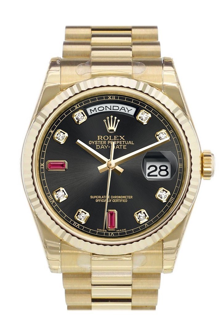 Rolex Day-Date 36 Black set with diamonds and rubies Dial Fluted Bezel President Yellow Gold Watch 118238