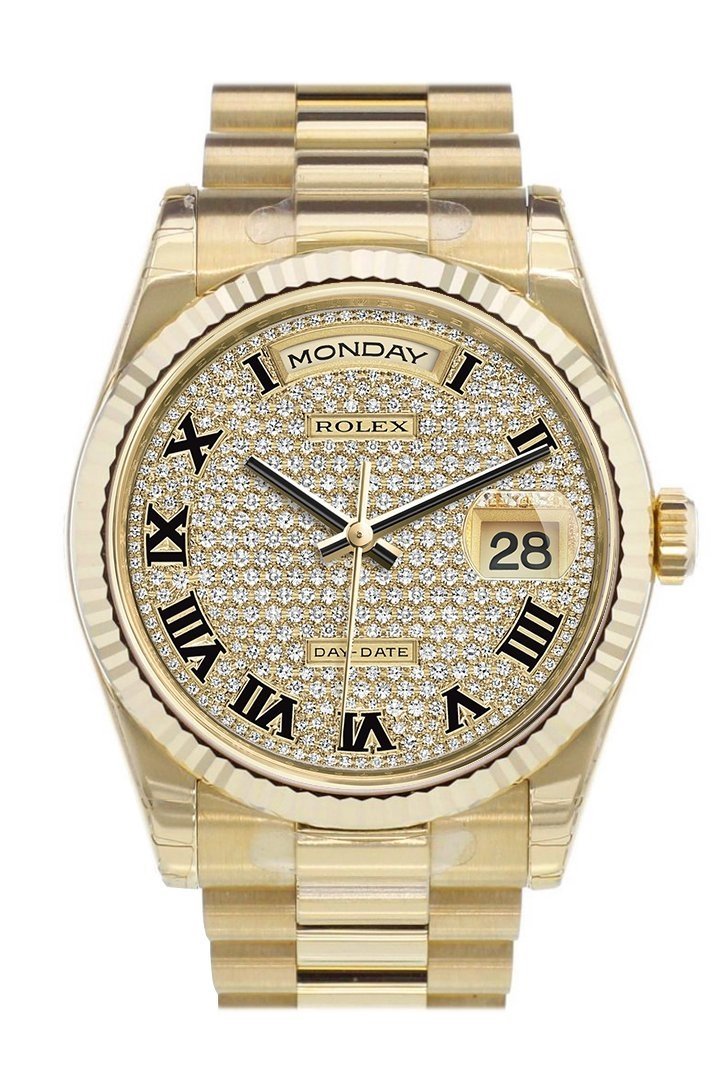 Rolex Day-Date 36 Diamond-paved Dial Fluted Bezel President Yellow Gold Watch 118238