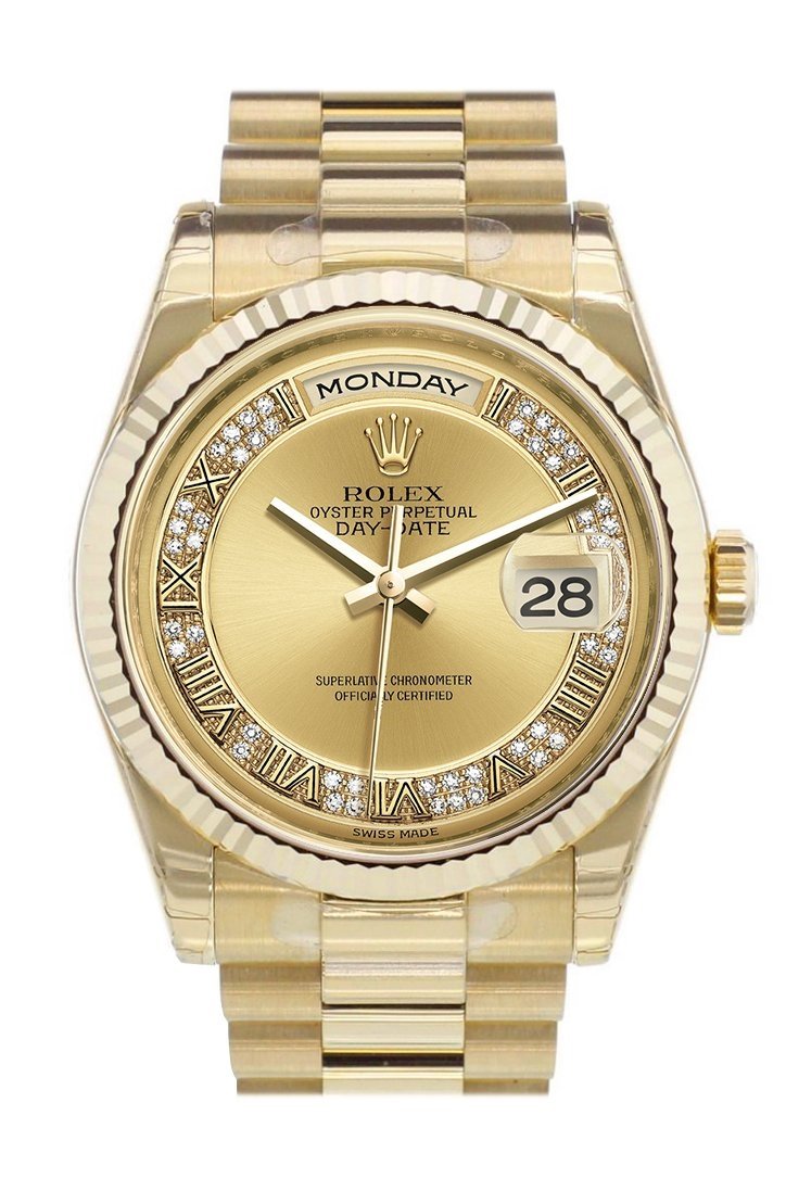 Rolex Day-Date 36 Champagne-colour set with diamonds Dial Fluted Bezel President Yellow Gold Watch 118238