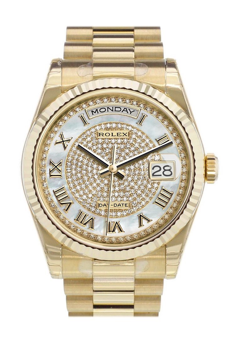 Rolex Day-Date 36 White mother-of-pearl diamond paved Dial Fluted Bezel President Yellow Gold Watch 118238