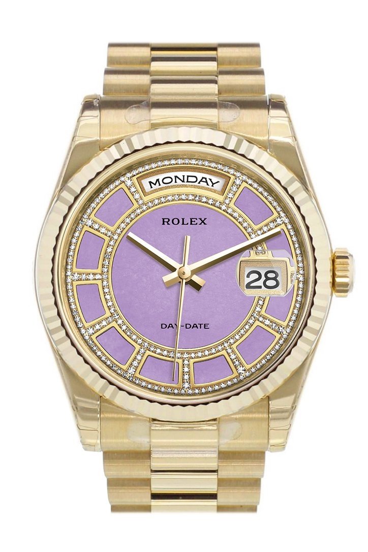 Rolex Day-Date 36 Carousel of lavender jade Dial Fluted Bezel President Yellow Gold Watch 118238