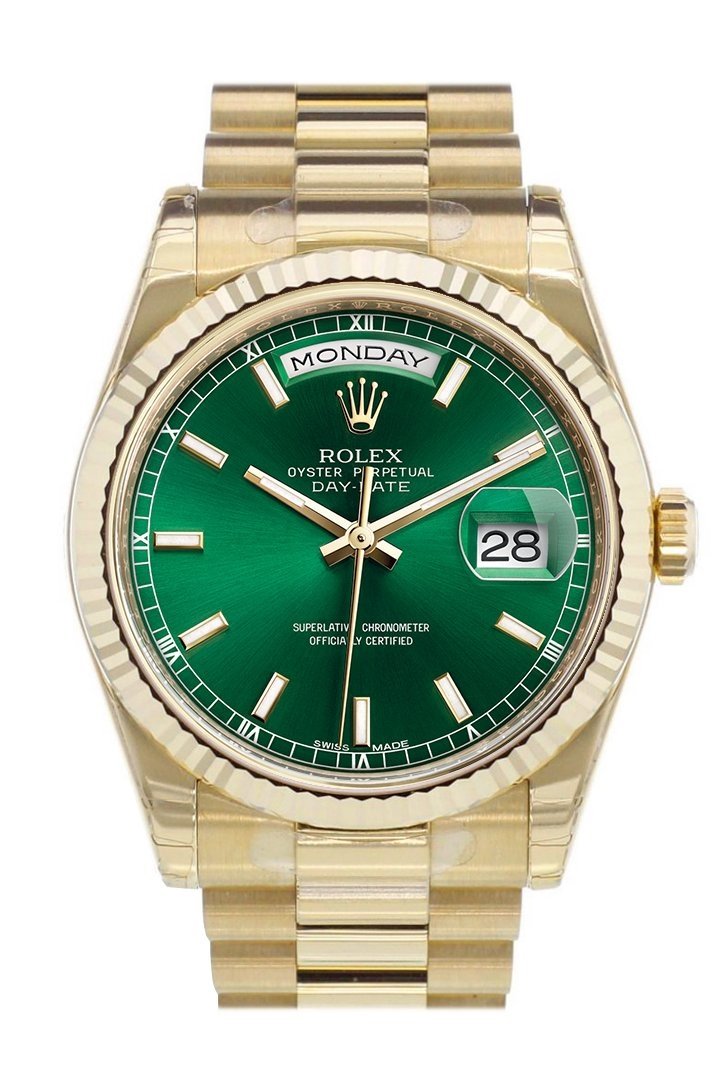Rolex Day-Date 36 Green Dial Fluted Bezel President Yellow Gold Watch 118238