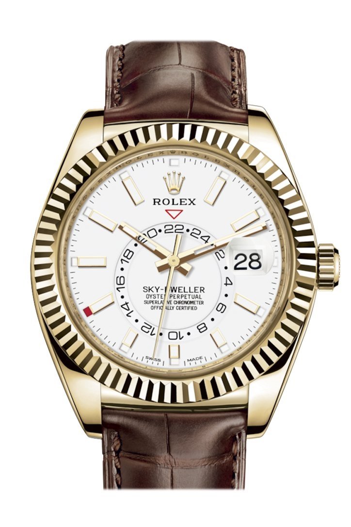Rolex Sky Dweller White Dial 18k Yellow Gold Brown Leather Strap Men's Watch 326138