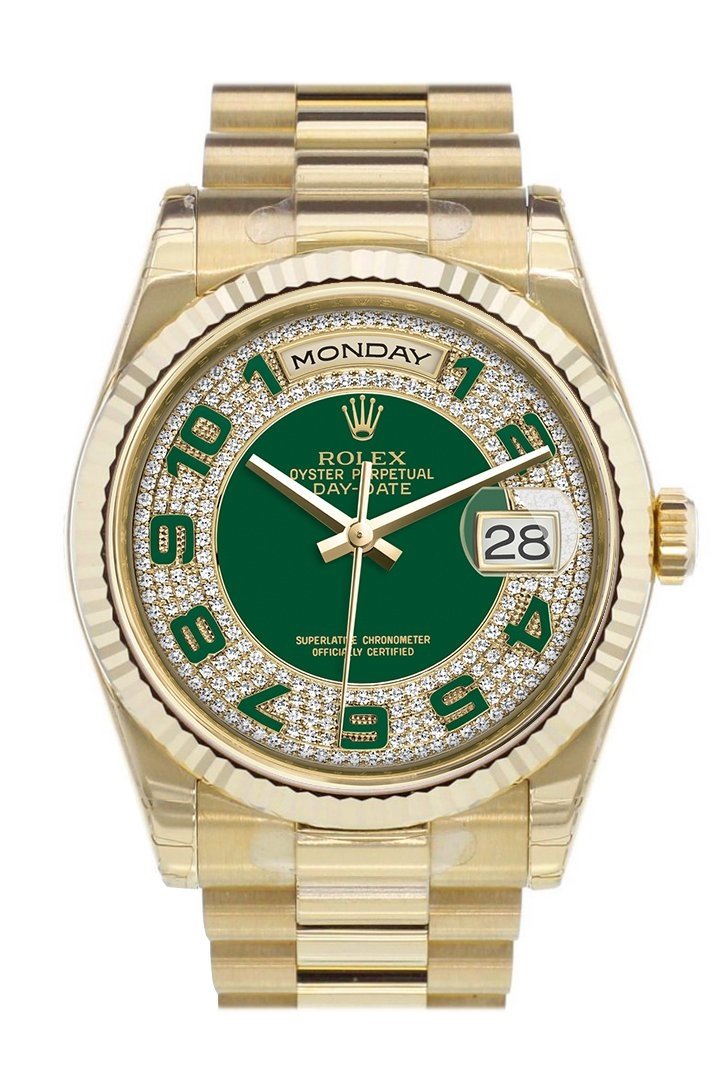 Rolex Day-Date 36 Green diamond paved Dial Fluted Bezel President Yellow Gold Watch 118238