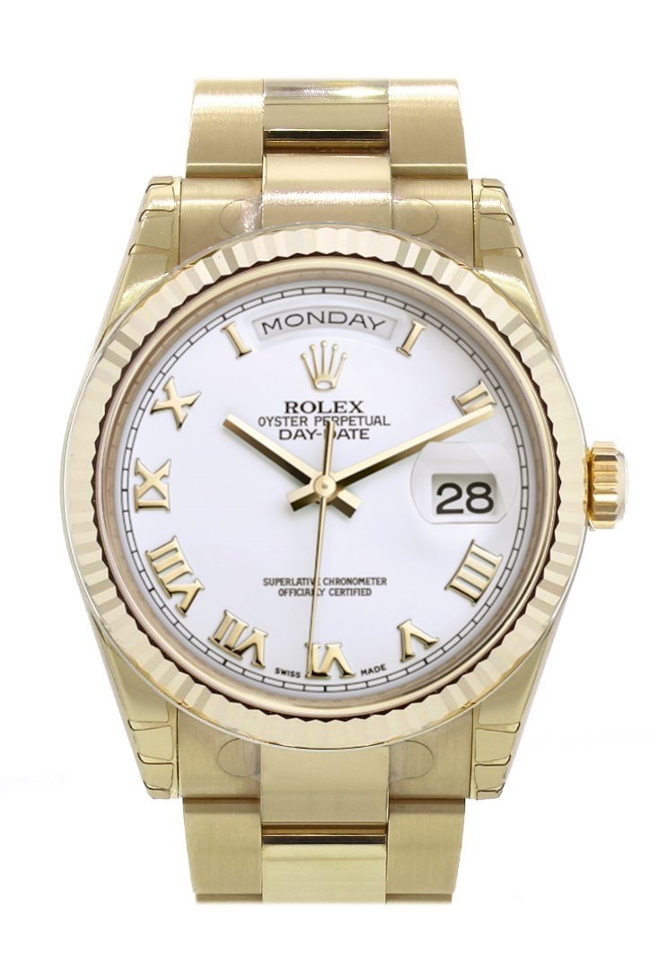 Rolex Day-Date 36 White Dial Fluted Bezel Yellow Gold Watch 118238