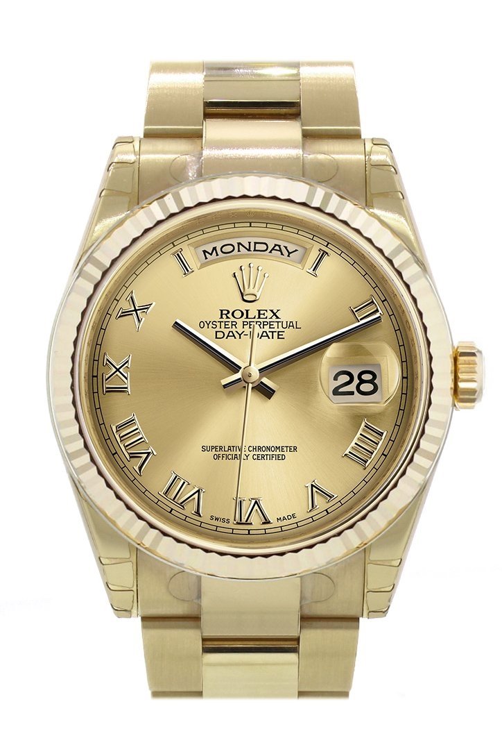 Rolex Day-Date 36 Champagne-colour Dial Fluted Bezel Yellow Gold Watch 118238