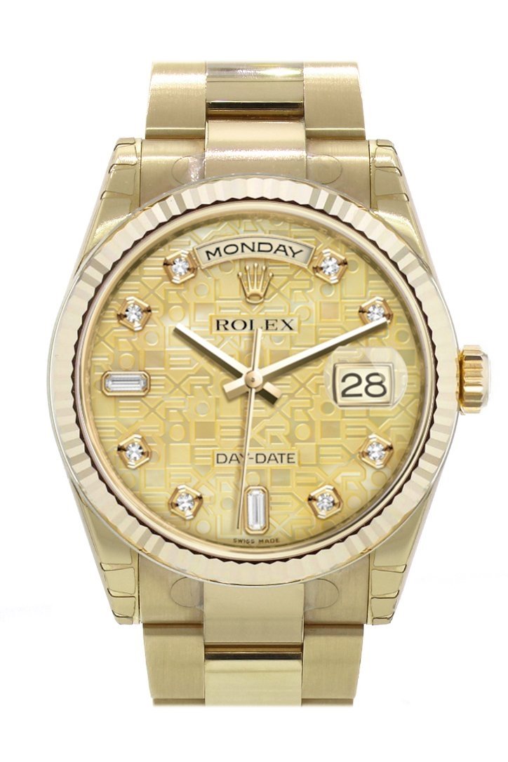 Rolex Day-Date 36 Champagne colour mother of pearl Jubilee design set with diamondsDial Fluted Beze  Yellow Gold Watch 118238