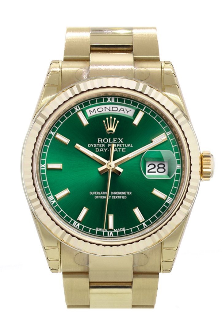Rolex Day-Date 36 Green Dial Fluted Bezel Yellow Gold Watch 118238