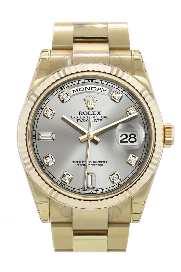 Rolex Day-Date 36 Silver set with diamonds Dial Fluted Bezel Yellow Gold Watch 118238