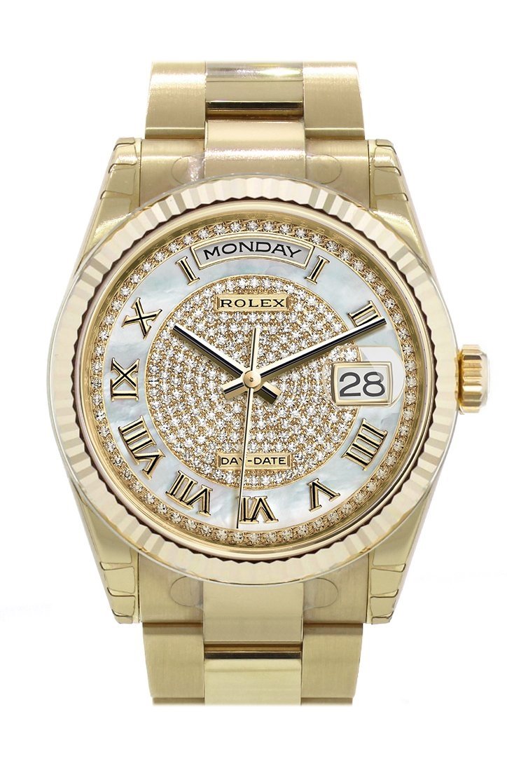 Rolex Day-Date 36 White mother-of-pearl, diamond paved Dial Fluted Bezel Yellow Gold Watch 118238