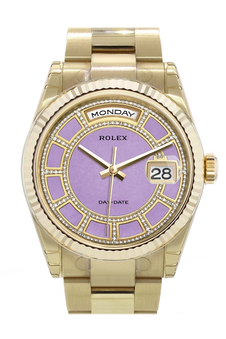 Rolex Day-Date 36 Carousel of Lavender jade Dial Fluted Bezel Yellow Gold Watch 118238