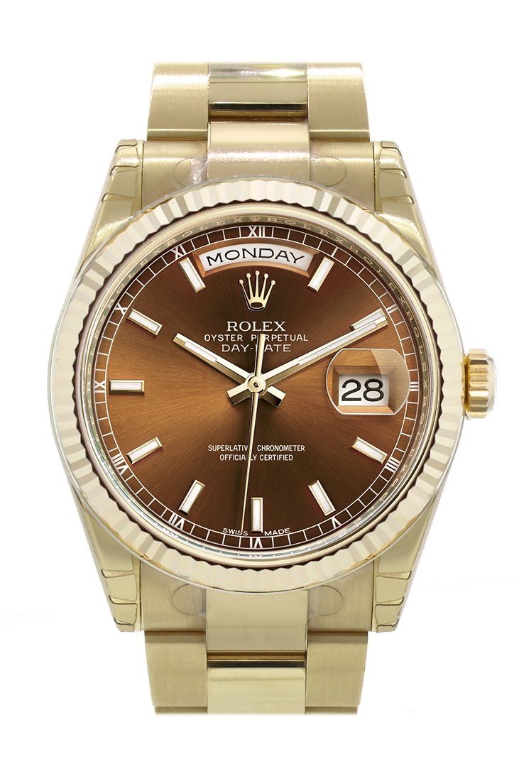 Rolex Day-Date 36 Cognac Dial Fluted Bezel Yellow Gold Watch 118238