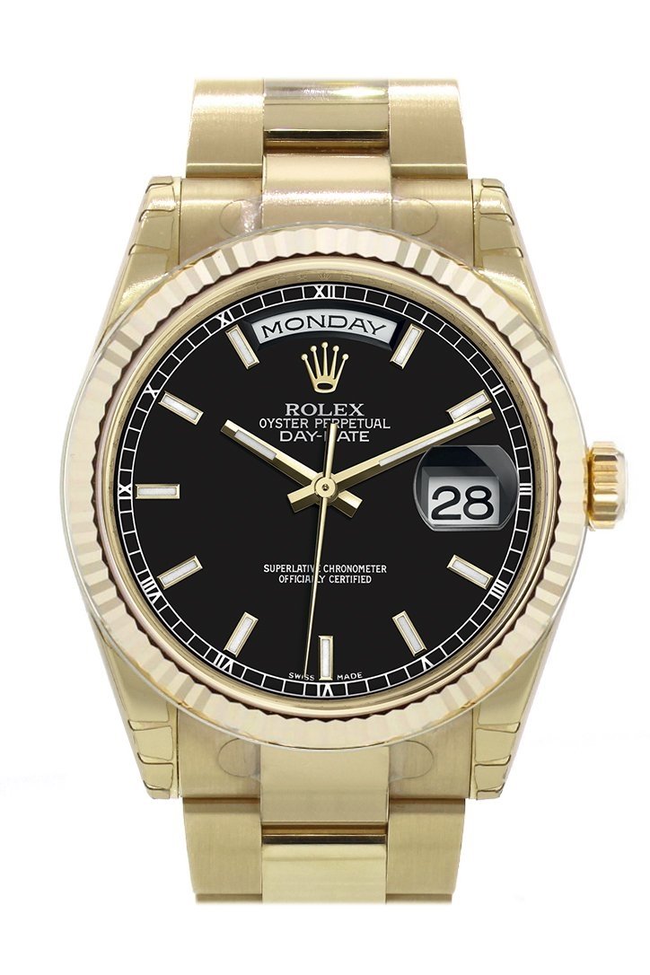 Rolex Day-Date 36 Black Dial Fluted Bezel Yellow Gold Watch 118238