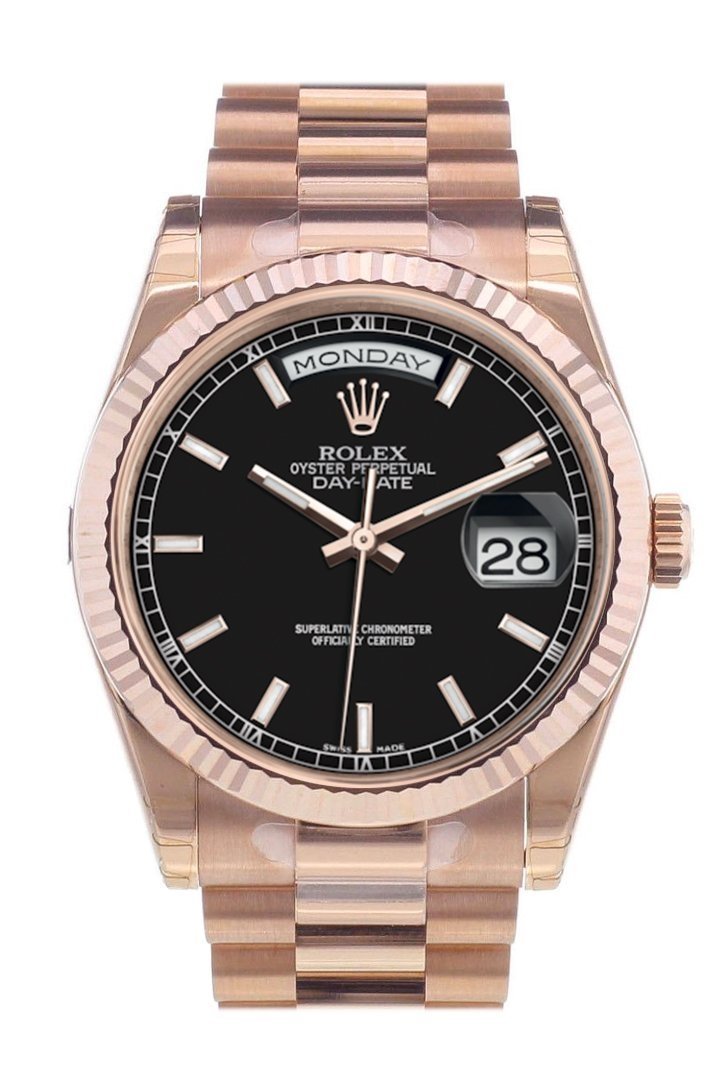 Rolex Day-Date 36 Black Dial Fluted Bezel President Everose Gold Watch 118235