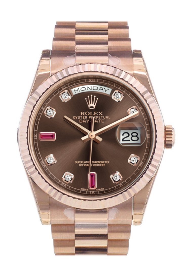 Rolex Day-Date 36 Chocolate set with diamonds and rubies Dial Fluted Bezel President Everose Gold Watch 118235