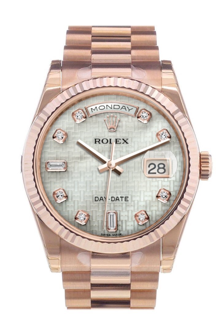 Rolex Day-Date 36 White mother-of-pearl with oxford motif set with diamonds Dial Fluted Bezel President Everose Gold Watch 118235