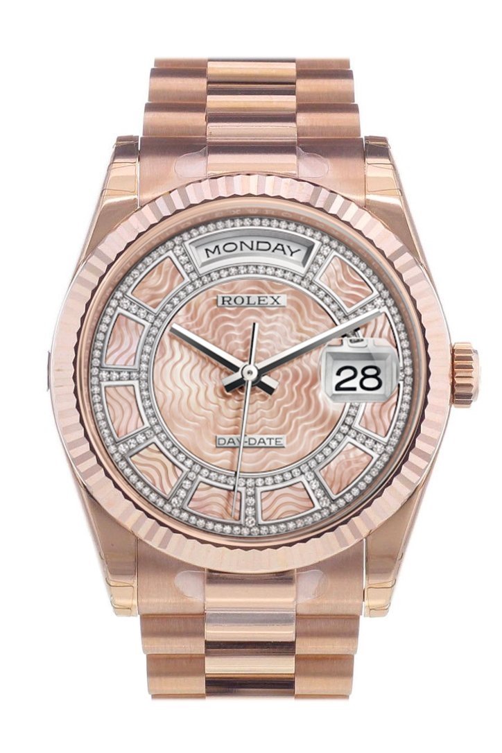 Rolex Day-Date 36 Carousel of pink mother-of-pearl Dial Fluted Bezel President Everose Gold Watch 118235