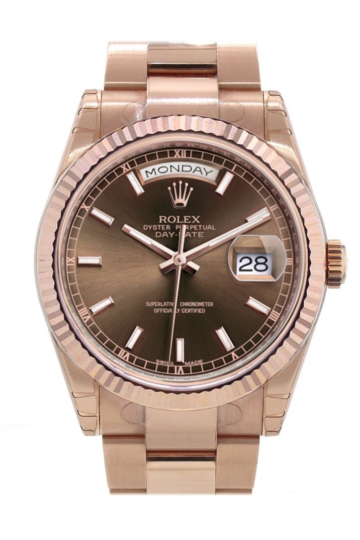 Rolex Day-Date 36 Chocolate Dial Fluted Bezel Oyster Everose Gold Watch 118235