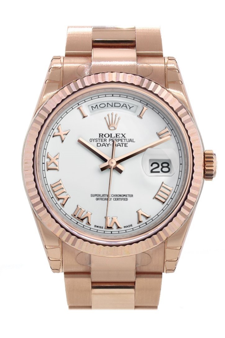 Rolex Day-Date 36 White Roman Dial Fluted Oyster Everose Gold Watch 118235