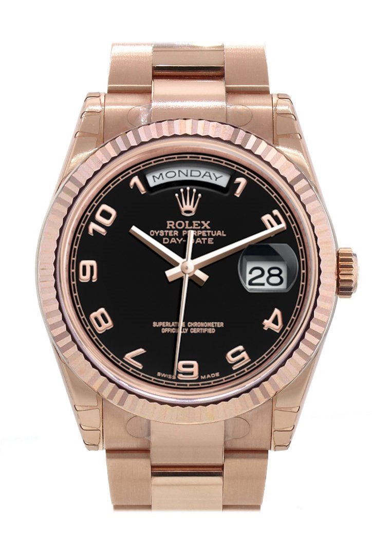 Rolex Day-Date 36 Black Arab Dial Fluted Bezel Oyster Everose Gold Watch 118235