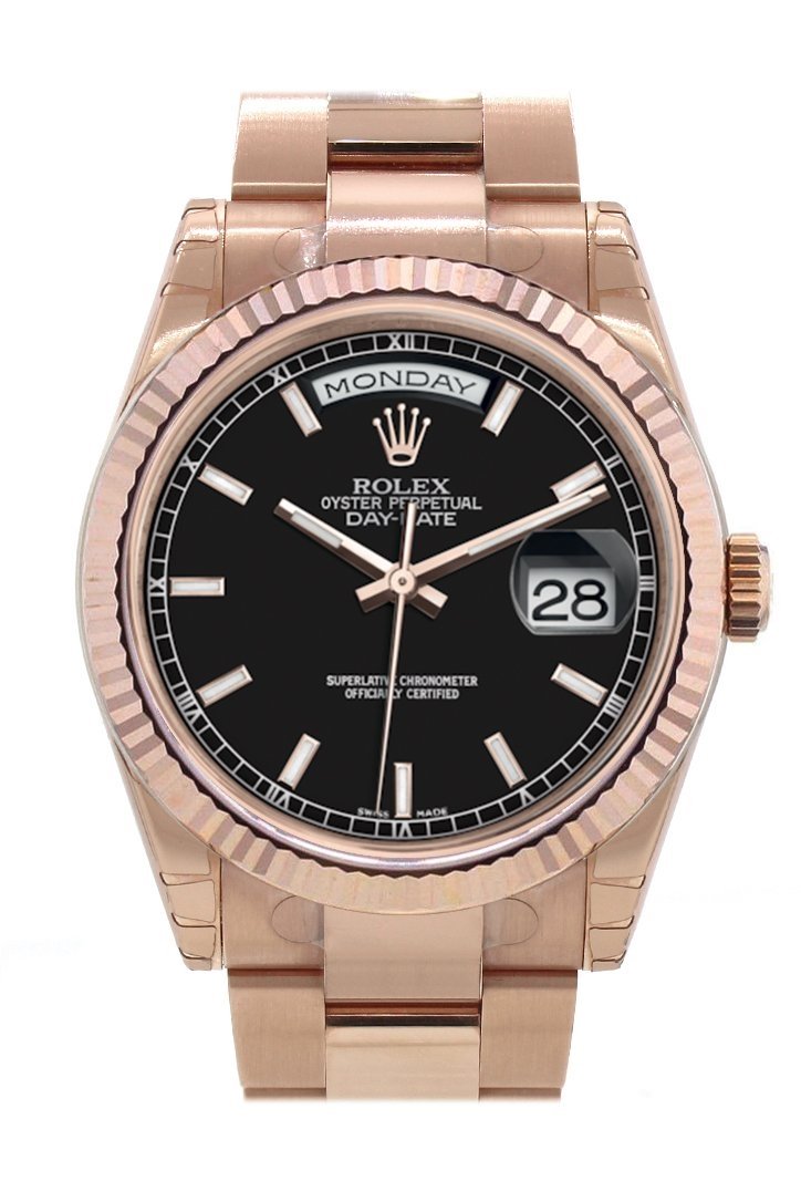 Rolex Day-Date 36 Black Dial Fluted Bezel Oyster Everose Gold Watch 118235