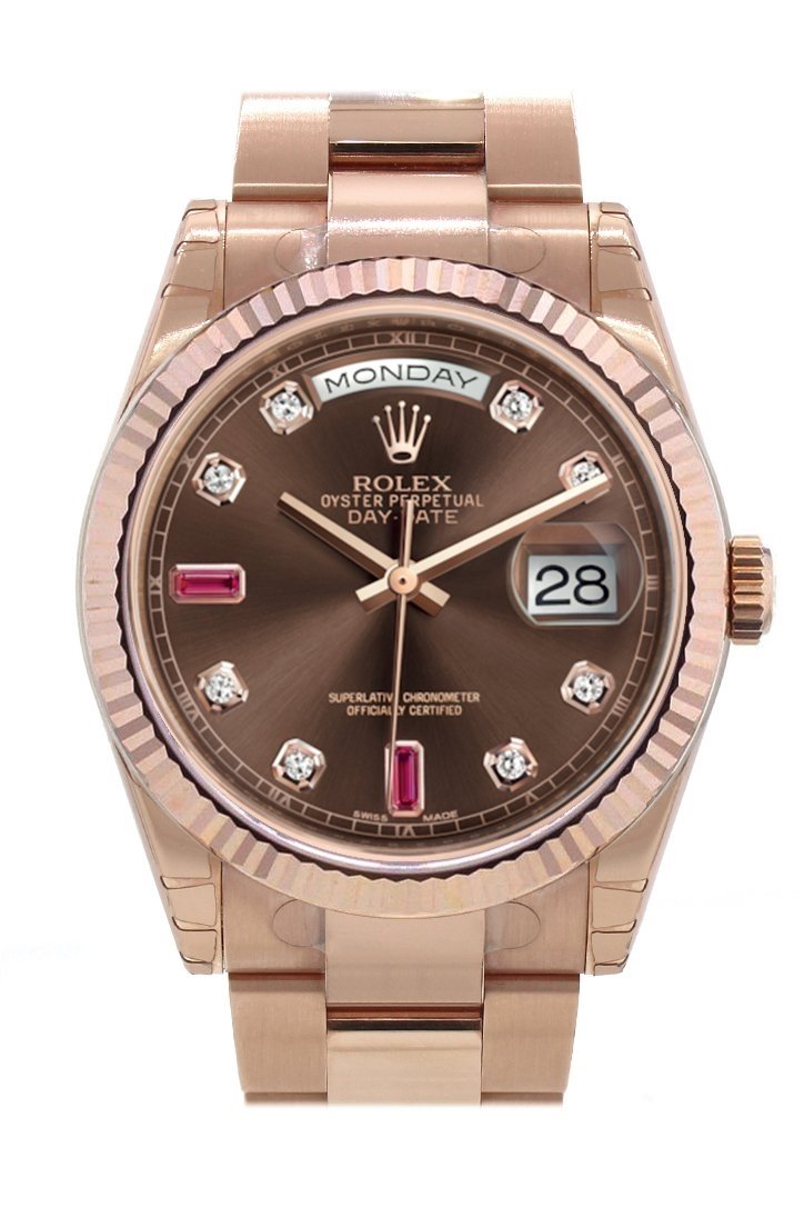 Rolex Day-Date 36 Chocolate set with diamonds and rubies Dial Fluted Bezel Oyster Everose Gold Watch 118235