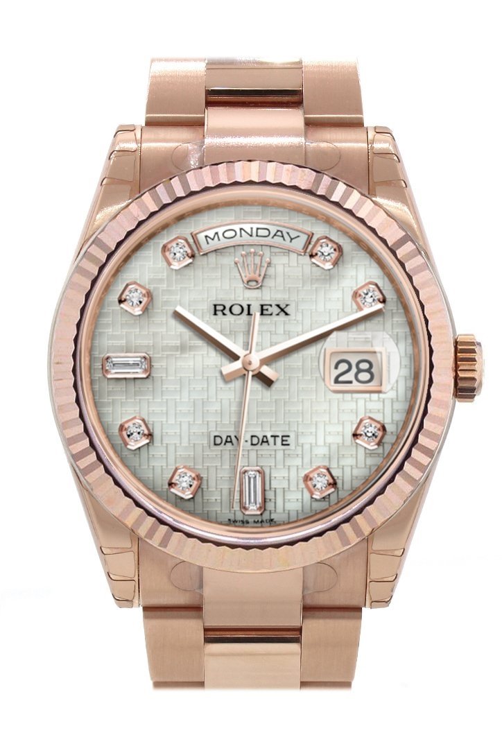Rolex Day-Date 36 White mother-of-pearl with oxford motif set with diamonds Dial Fluted Bezel Oyster Everose Gold Watch 118235