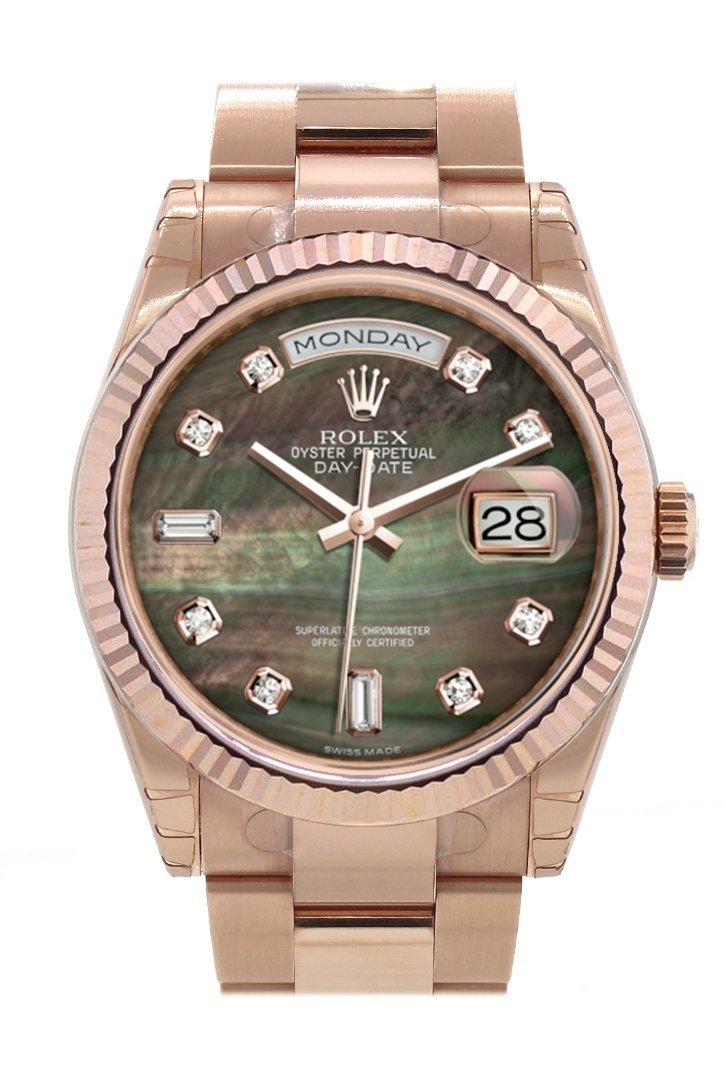 Rolex Day-Date 36 Black mother-of-pearl set with diamonds Dial Fluted Bezel Oyster Everose Gold Watch 118235