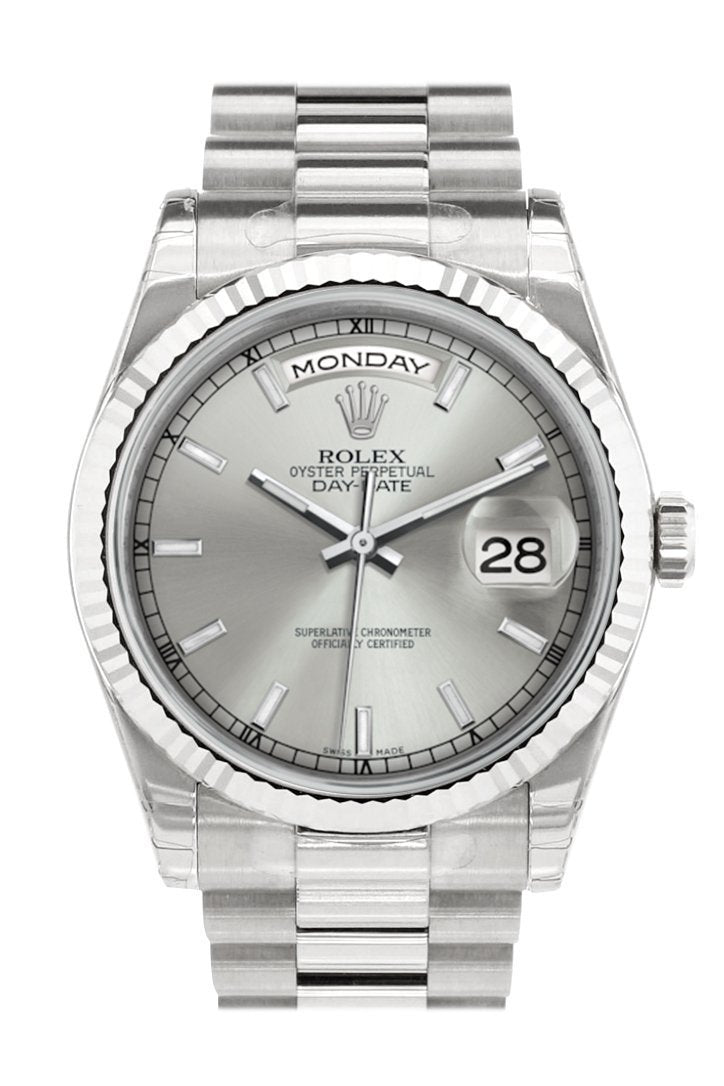 Rolex Day-Date 36 Silver Dial Fluted Bezel President White Gold Watch 118239