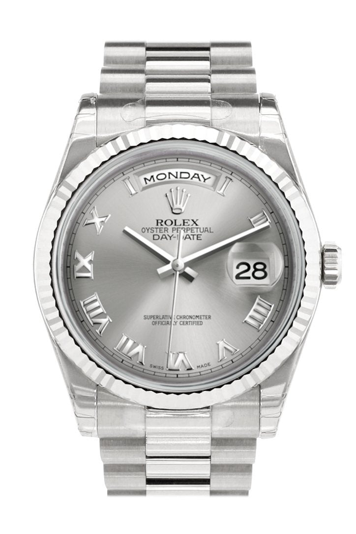 Rolex Day-Date 36 Rhodium Roman Dial Fluted Bezel President White Gold Watch 118239