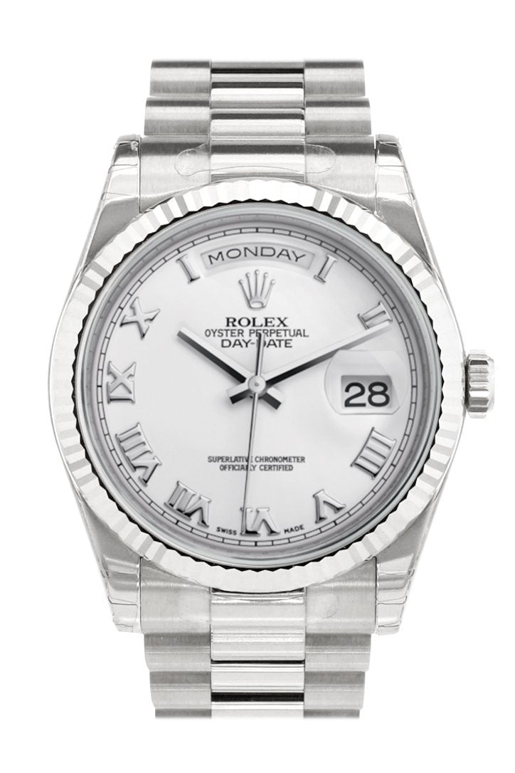 Rolex Day-Date 36 White Roman Dial Fluted Bezel President White Gold Watch 118239