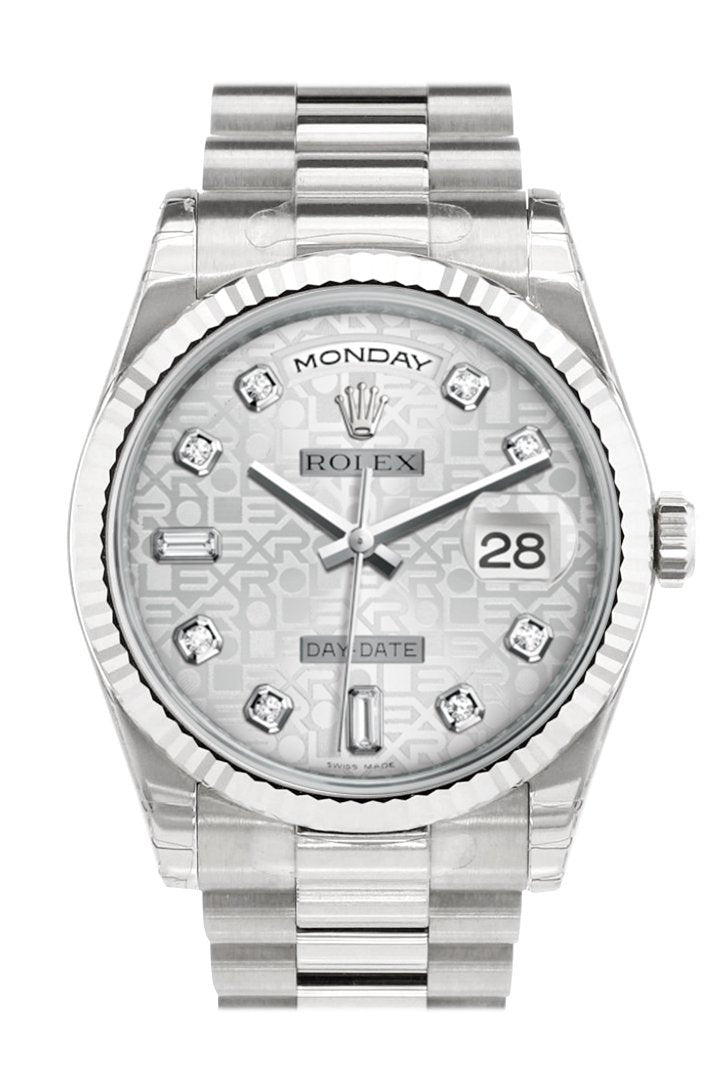 Rolex Day-Date 36 Silver Jubilee design set with Diamonds Dial Fluted Bezel President White Gold Watch 118239