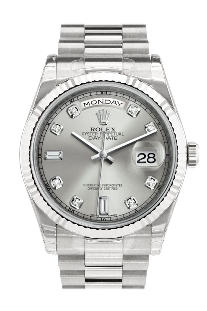 Rolex Day-Date 36 Silver set with Diamonds Dial Fluted Bezel President White Gold Watch 118239