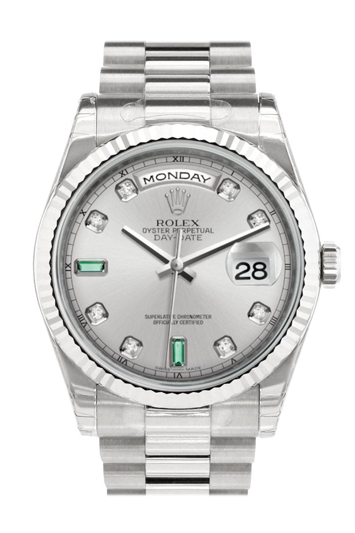 Rolex Day-Date 36 Rhodium set with Diamonds and emeralds Dial Fluted Bezel President White Gold Watch 118239
