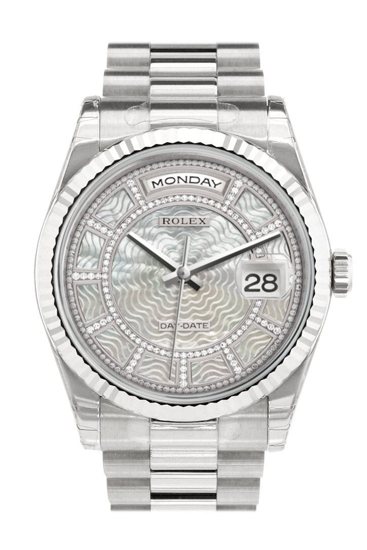Rolex Day-Date 36 Carousel of white mother-of-pearl Dial Fluted Bezel President White Gold Watch 118239