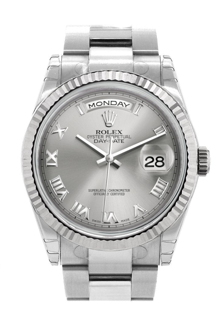 Rolex Day-Date 36 Rhodium Roman Dial Fluted Bezel Oyster White Gold Watch 118239