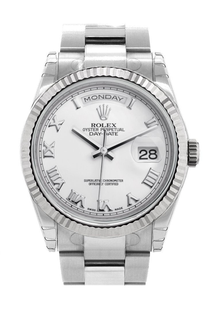 Rolex Day-Date 36 White Roman Dial Fluted Bezel Oyster White Gold Watch 118239