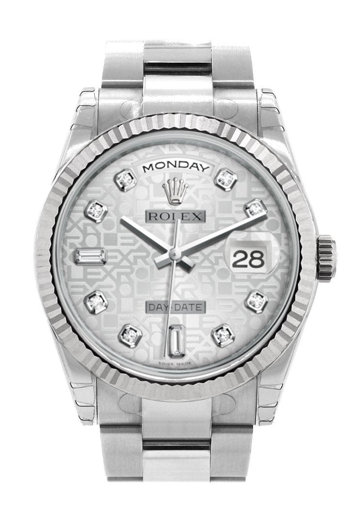 Rolex Day-Date 36 Silver Jubilee design set with Diamonds Dial Fluted Bezel Oyster White Gold Watch 118239