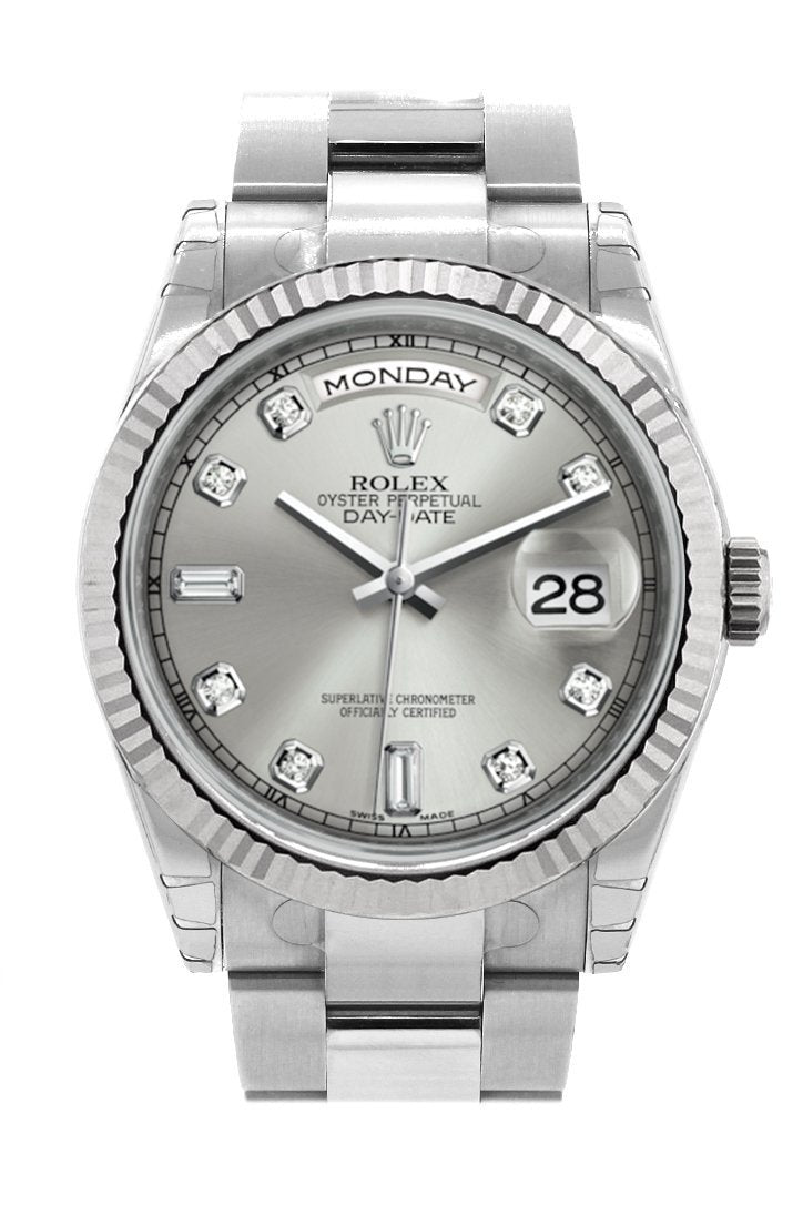 Rolex Day-Date 36 Silver set with Diamonds Dial Fluted Bezel Oyster White Gold Watch 118239