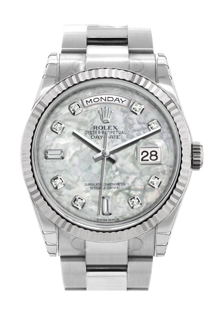 Rolex Day-Date 36 White mother-of-pearl set with Diamonds Dial Fluted Bezel Oyster White Gold Watch 118239