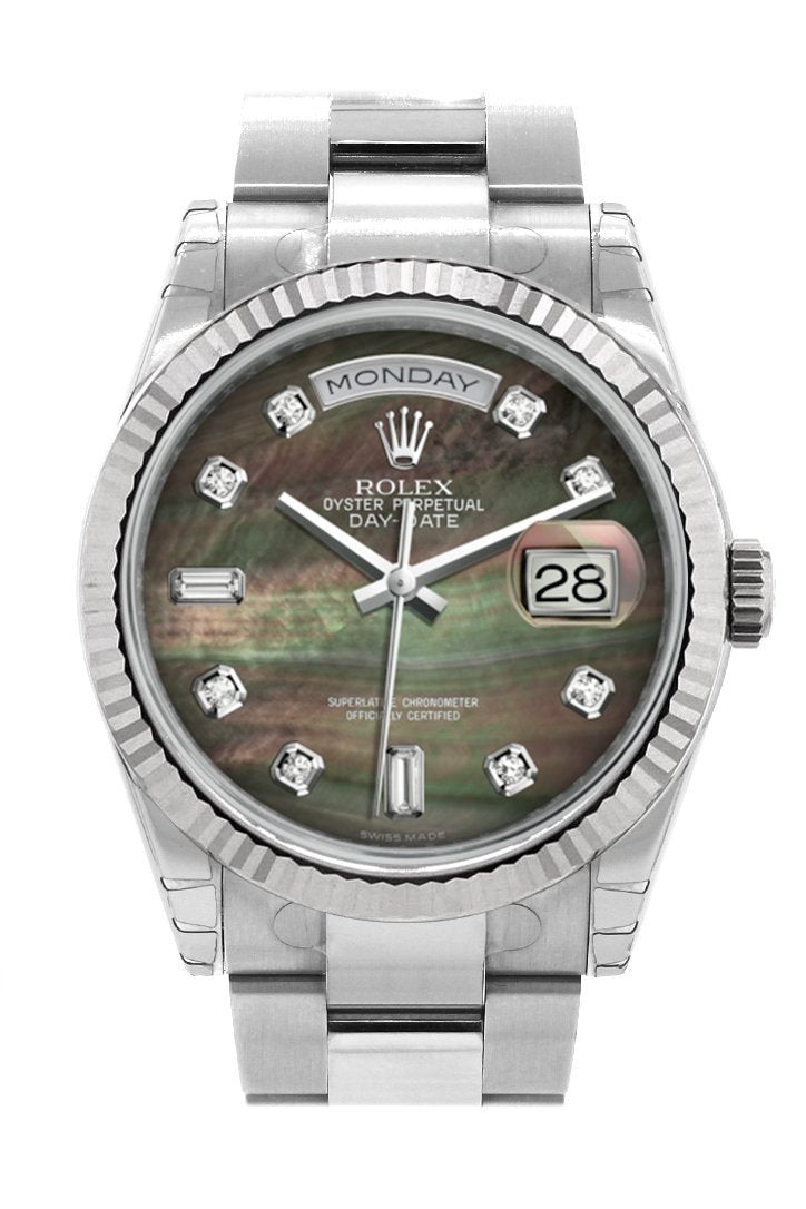 Rolex Day-Date 36 Black mother-of-pearl set with Diamonds Dial Fluted Bezel Oyster White Gold Watch 118239